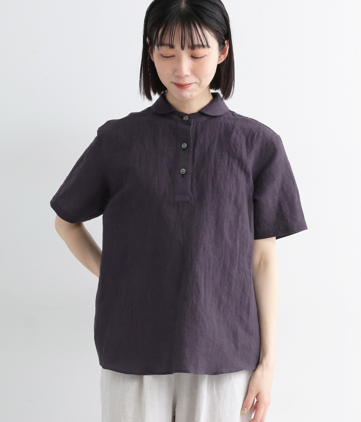 コットンリネン天日干しプルオーバー半袖シャツ(パープル-ONESIZE)