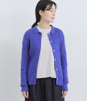 オーガニックコットン襟付きカーディガン(ブルー-F)