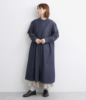 コットンデニム前あきワンピース(ネイビー-ONESIZE)