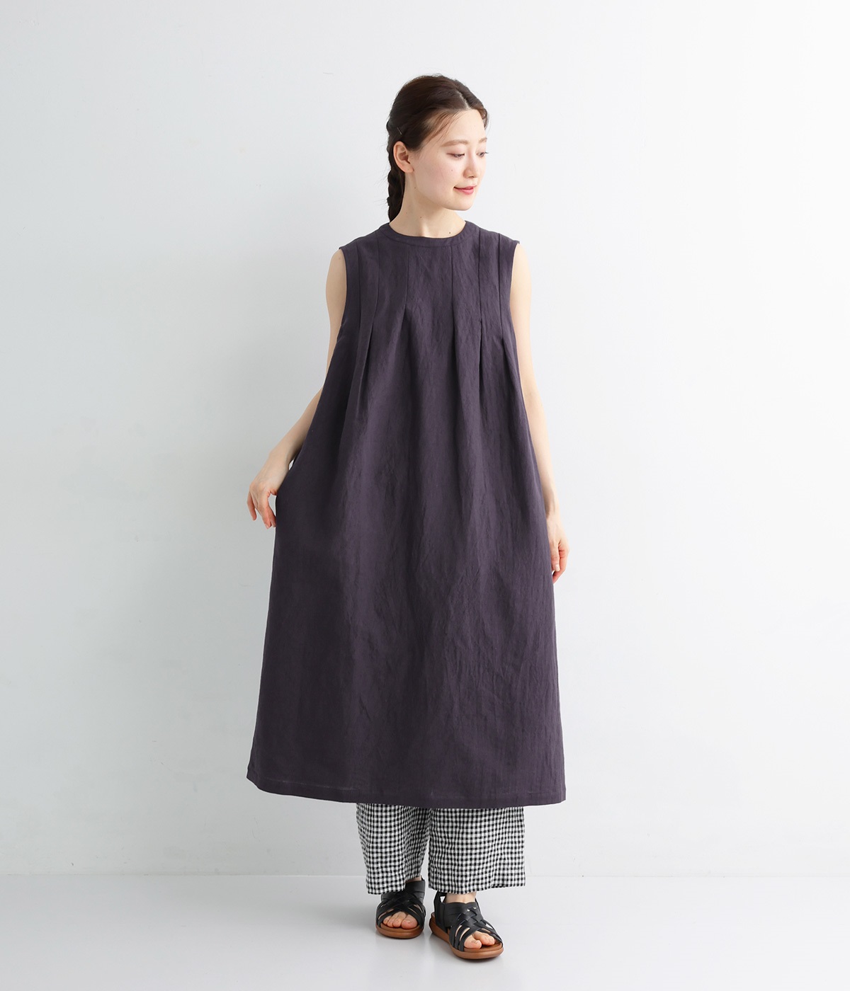 コットンリネン天日干しタックノースリーブワンピース(パープル-ONESIZE)