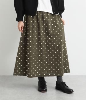 コットンリネンドット刺繍Aラインスカート