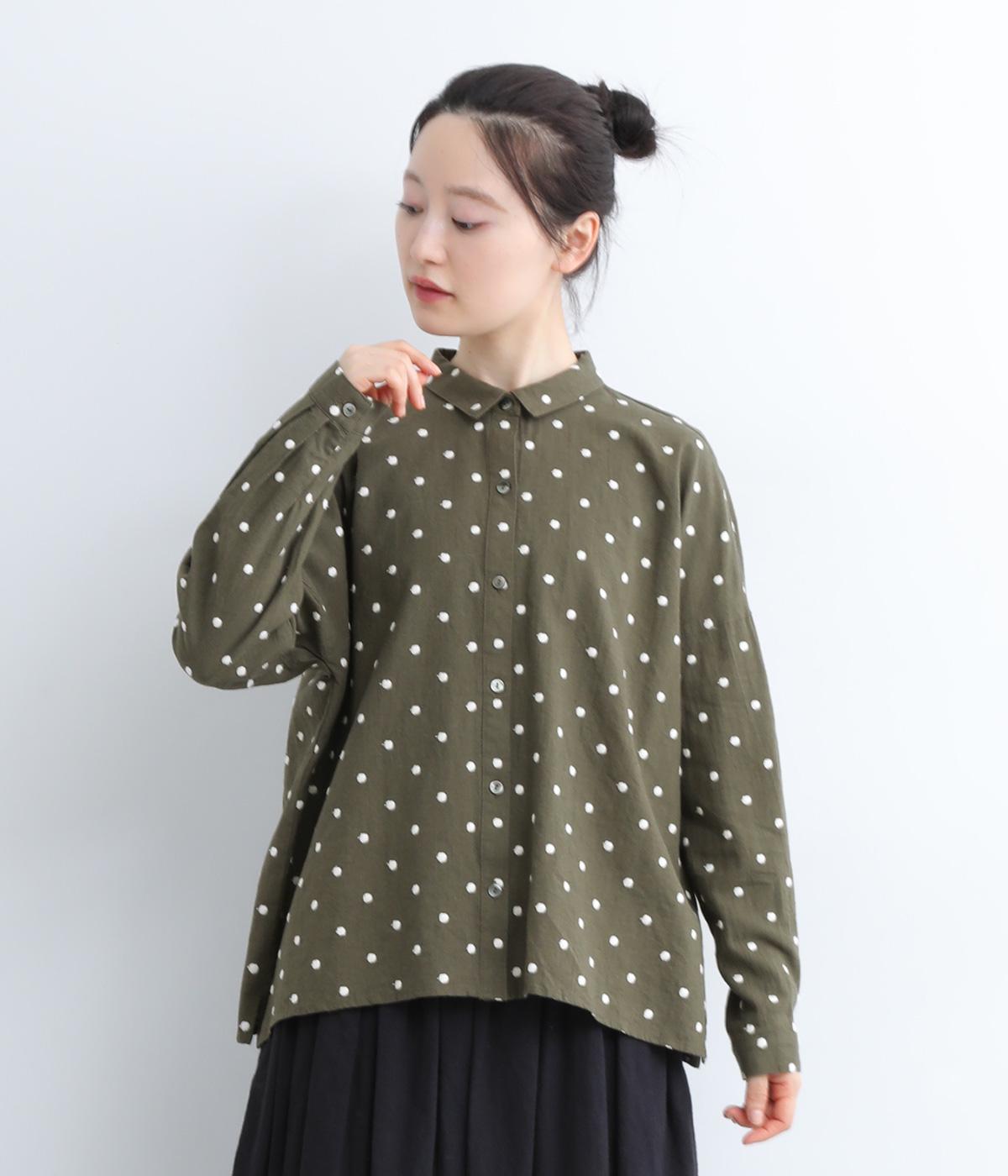 コットンリネンドット刺繍ちび襟ブラウス(カーキ-F)