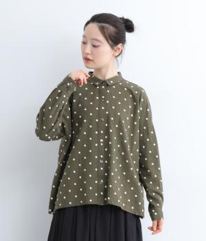コットンリネンドット刺繍ちび襟ブラウス(カーキ-F)