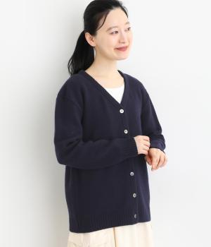 タスマニアラムウール鹿の子編みVネックカーディガン(ネイビー-F)