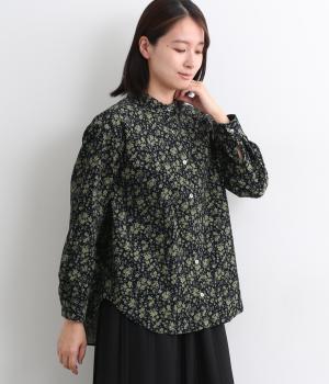 コットンコーデュロイ糸目小花柄ラウンドカラ―シャツ(ネイビー-F)