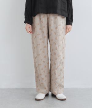 リネンオリーブ刺繍イージーパンツ