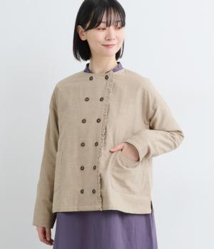 先染コットンWガーゼツイル織り布帛無地前あきフリルつきダブルボタンジャケット