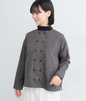 先染コットンWガーゼツイル織り布帛無地前あきフリルつきダブルボタンジャケット(ネイビー-F)