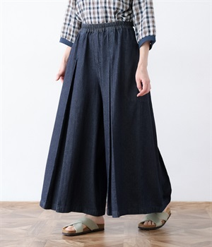 インディゴデニム タック9分丈ワイドパンツ