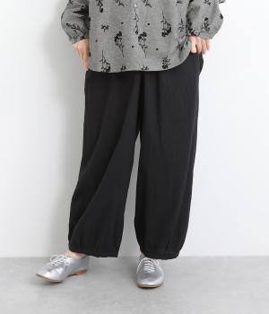 コットンPUシワ入り布帛 9分丈バルーンパンツ(ブラック-ONESIZE)