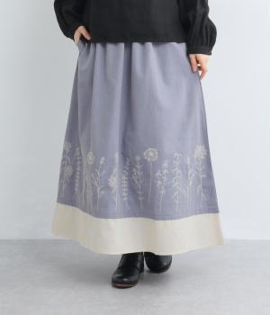 コットンリネン花刺繍入り切替スカート(ブルー-F)