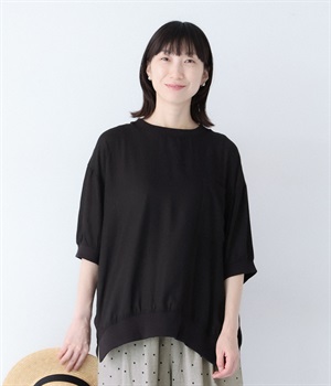 リネン混 リブコンビプルオーバーブラウス