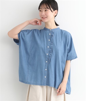 3.8oz布帛デニム 前立てフリル ドルマンスリーブブラウス(ブルー-ONESIZE)