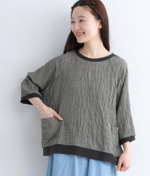 コットン チェック柄リブブラウス(ブラック-ONESIZE)