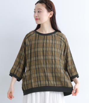 コットン チェック柄リブブラウス(ブラウン-ONESIZE)