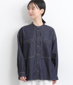 デニム・先染ツイルバンドカラーワークブラウス