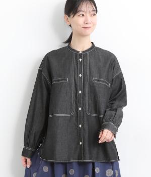 デニム・先染ツイルバンドカラーワークブラウス(ブラック-ONESIZE)