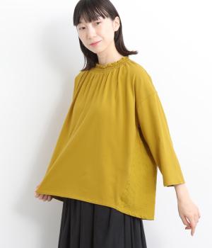 コットン刺繍 ネックギャザー切替カットソー(イエロー-ONESIZE)