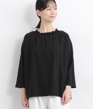 コットン刺繍 ネックギャザー切替カットソー(ブラック-ONESIZE)