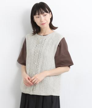 コットンリリヤーン　ケーブル編みベスト(ライトグレー-ONESIZE)