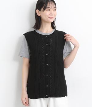 コットンリリヤーン　ケーブル編みベスト(ブラック-ONESIZE)