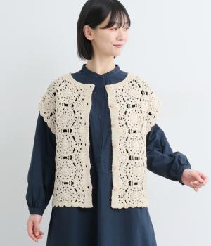 クロシェ風機械編みニット無地フレンチスリーブ2wayニットベスト(アイボリー-F)