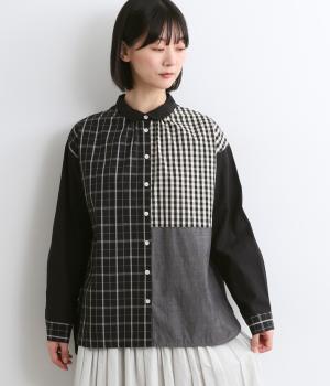 先染めコットン布帛長袖ブラウス(ブラック-F)