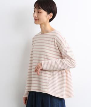 コットン裏毛先染めボーダー2種ドッキングカットソープルオーバー(ピンク-F)