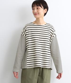コットン裏毛先染めボーダー2種ドッキングカットソープルオーバー(ブラック-F)