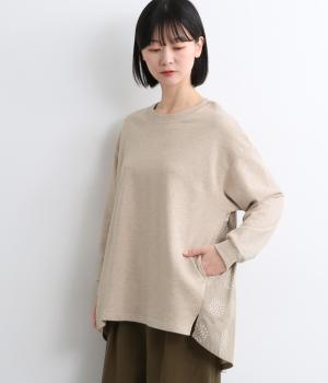 コットン裏毛無地+先染めコットン布帛ドット柄プリント入り異素材切替チュニック