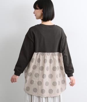 コットン裏毛無地+先染めコットン布帛ドット柄プリント入り異素材切替チュニック(チャコールグレー-F)