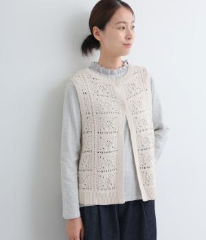 フラワーモチーフ編みコットンニットベスト(アイボリー-F)