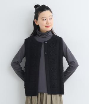 フラワーモチーフ編みコットンニットベスト(ブラック-F)