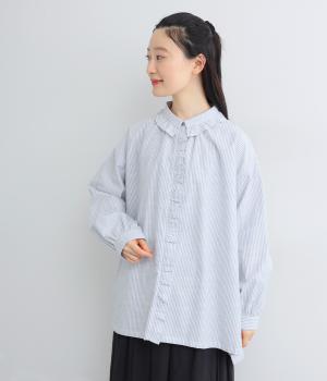 コットンスラブストライプ　フリル付きチュニック(ブルー-F)