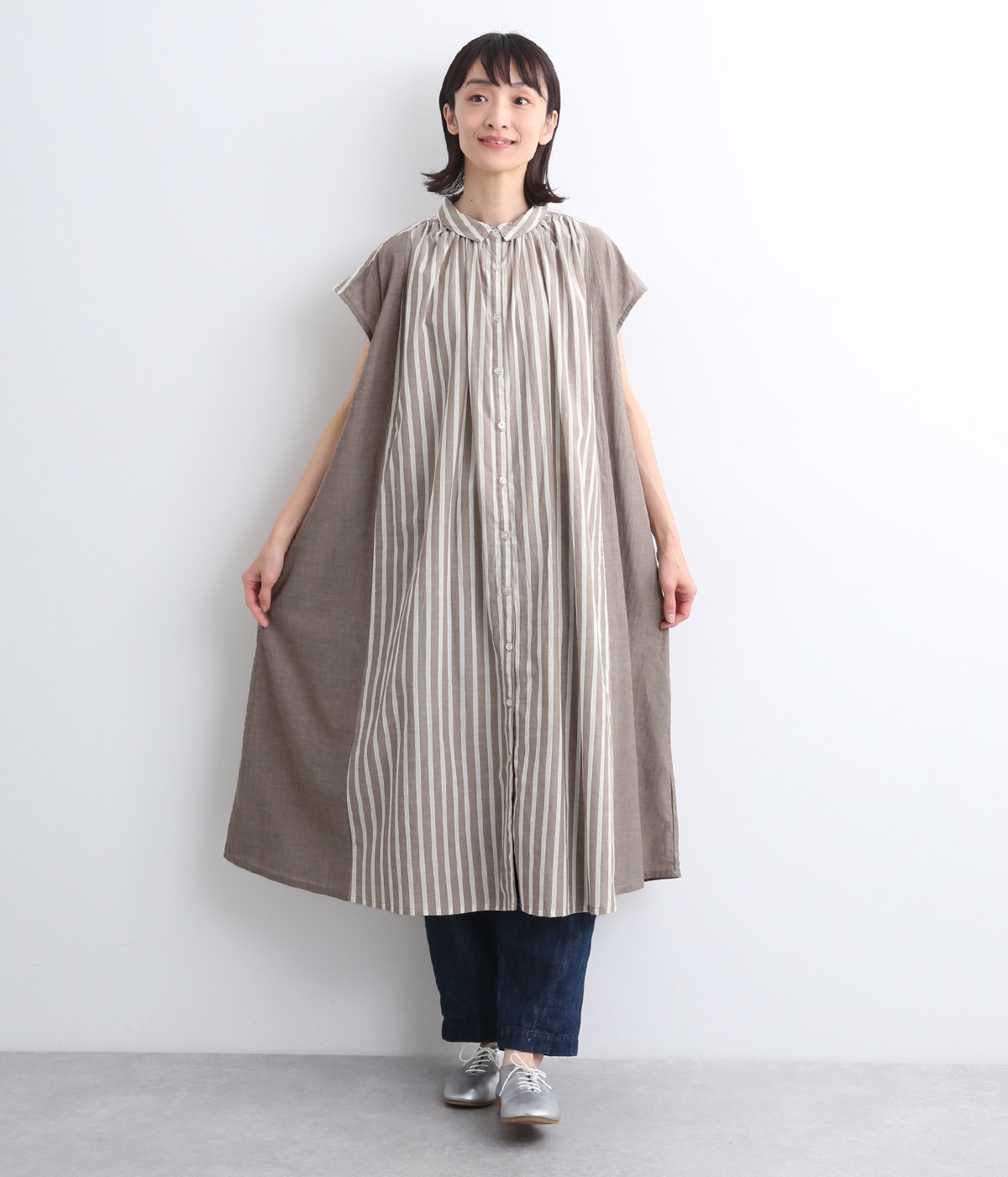 布帛切替コンビ柄アソート フレンチスリーブシャツワンピース