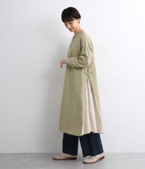 先染めコットンリネンドビーストライプ+別布コットンリネン無地レイヤードシャツワンピース