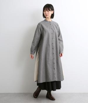 先染めコットンリネンドビーストライプ+別布コットンリネン無地レイヤードシャツワンピース(ブラック-F)