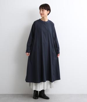 先染めコットンWガーゼ無地+リブクルーネックAラインワンピース(ネイビー-F)