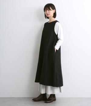 二重織りC/T布百ジャカードドット柄ノースリーブワンピース(ブラック-F)