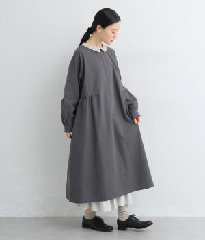 コットンリネン配色襟ギャザーフレアワンピース(ダークグレー-F)