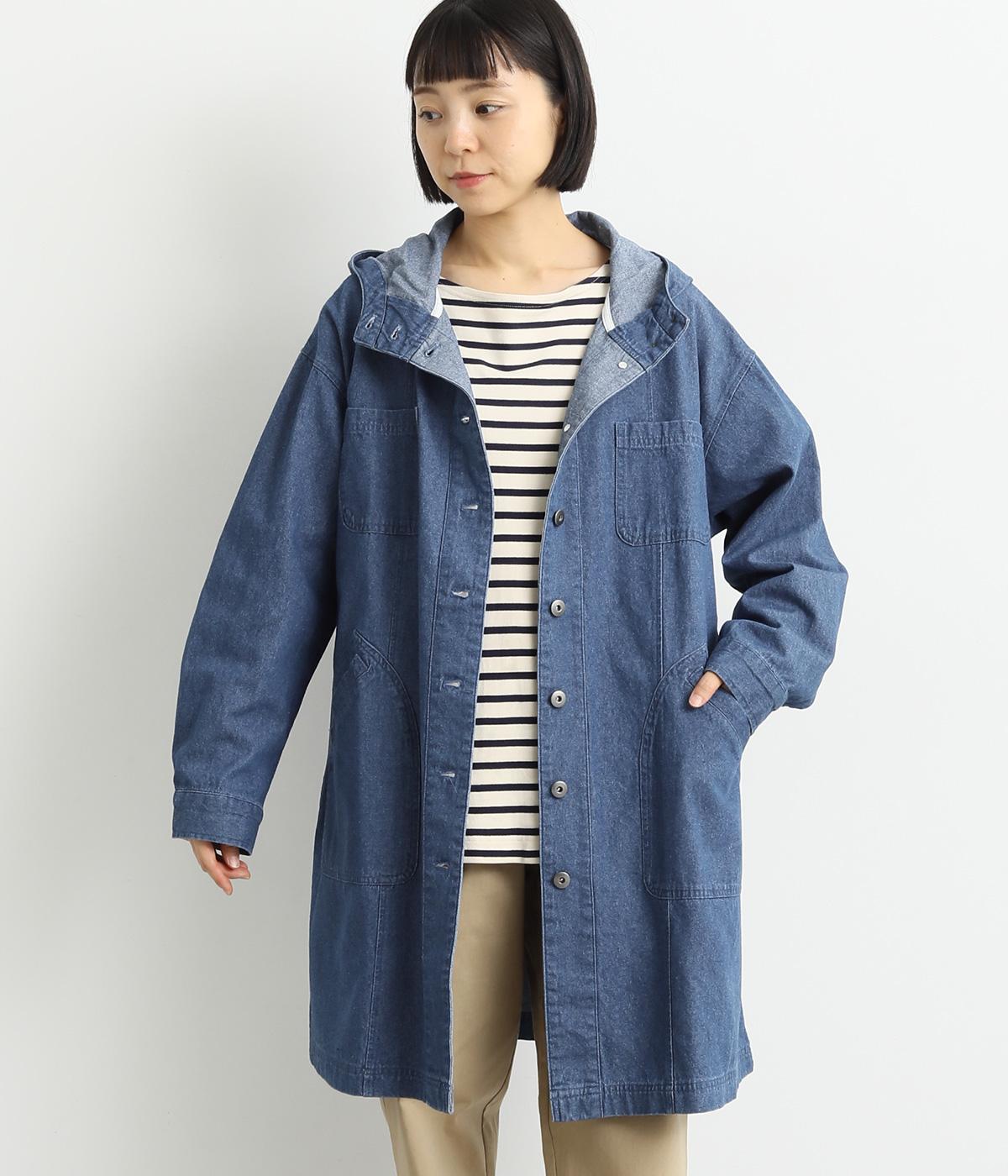 デニムフード付きコート(ブルー-F)