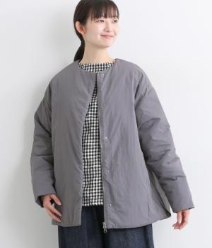 撥水加工ナイロン布帛タフタ中綿キルトミドル丈コート(グレー-F)
