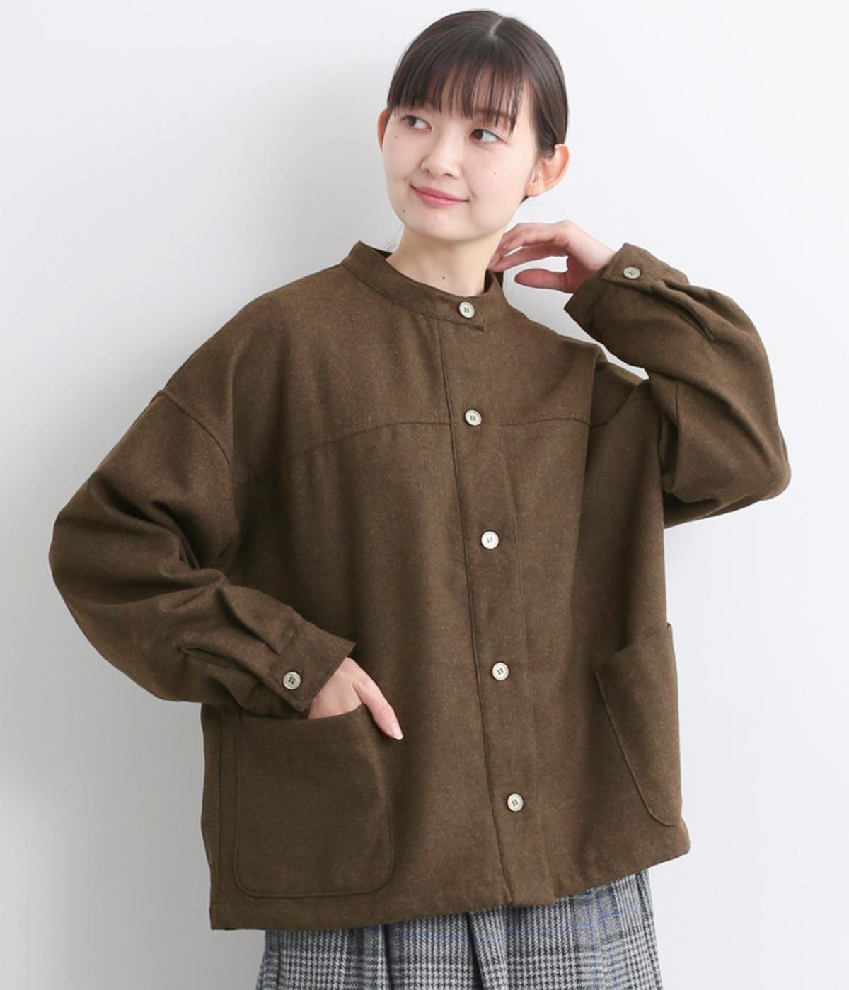 毛混ポリ布帛ツイードポリタフタ地付ポケット付きジャケット(ブラウン杢-F)