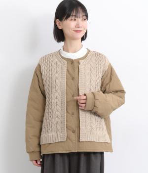 ナイロンワッシャー中綿入りキルティングニットポリタフタ裏地コート(ベージュ-F)