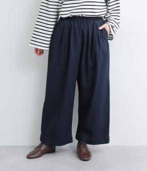 コットンデニムタックワイドロールアップパンツ