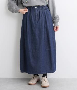 インディゴ・ブラックデニム無地9分丈バルーンスカート