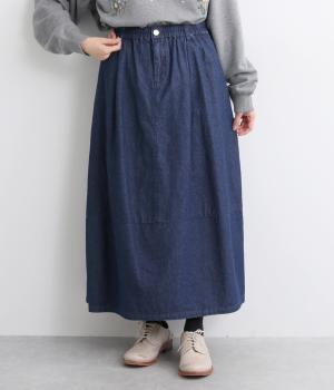 インディゴ・ブラックデニム無地9分丈バルーンスカート(ネイビー-F)