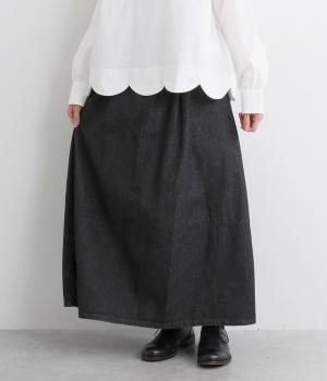 インディゴ・ブラックデニム無地9分丈バルーンスカート(ブラック-F)