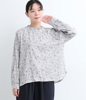 表起毛花柄プリントフリルネックギャザーブラウス