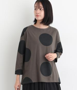コットン天竺ドットプリント7分袖ゆったりＴシャツ